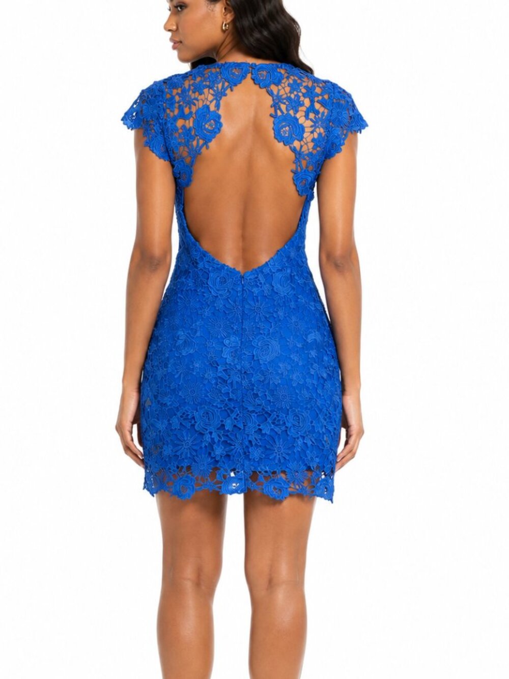 Lulus Romance Language Royal Blue Crochet Floral Open Back Bodycon Mini Dress M